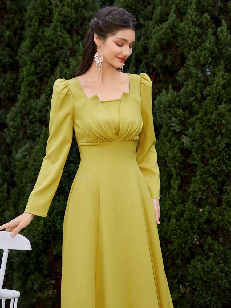 Solid Color Women's Simple Pleated Chest Design Dress Long Evening Dresses