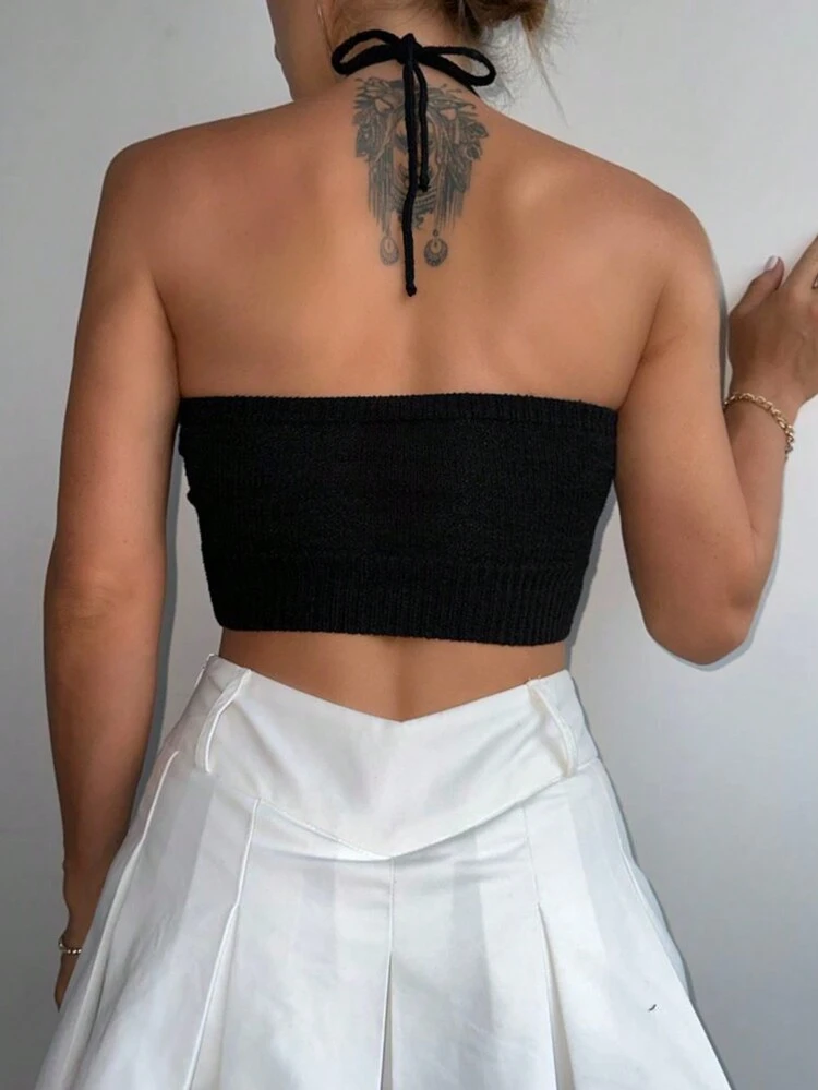 Rhinestone Embellished Halter Neck Crop Top