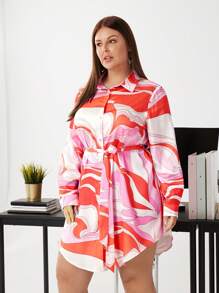 BizChic Plus Size Women's Flowy Printed Shirt Dress - Pink - View 5