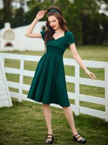 Vintamour 復古優雅褶皺傘裙裝,適用於春/夏季節 - 綠色 - 查看 6