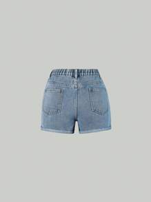 Shorts De Mezclilla Destrozados Para Niñas Adolescentes Con Dobladillo Deshilachado, Detalle De Pedrería Y Destrozado