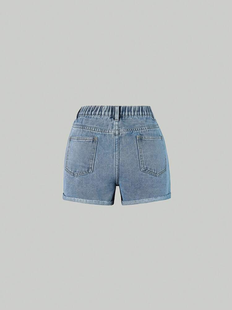Teen Girl's Distressed Denim Shorts With Frayed Hem, Rhinestone & Distressed Detail