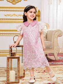 SHEIN Young Girl Sibling Outfits Casual Contrast Color Lace Collar A-Line Short Sleeve Dress