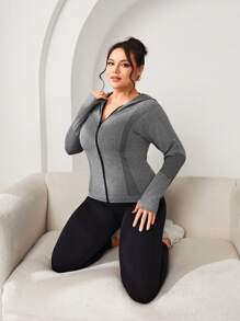 SHEIN Sports Plus Size Women's Long Sleeve Seamless Hooded Sports Jacket - Light Grey - View 6