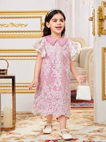 SHEIN Young Girl Sibling Outfits Casual Contrast Color Lace Collar A-Line Short Sleeve Dress