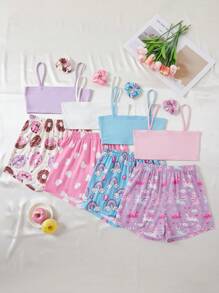 SHEIN Tween Girl Simple And Cute Printed Camisole Top With Shorts, Multiple Pieces Set Homewear - Multicolor - View 1