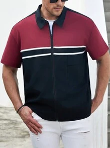 Manfinity Homme Men's Plus Size Color Blocking Short Sleeve Zipper Shirt - Multicolor - View 3