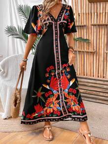 Breezaya Women's Floral Print Cut Out Waist Dress Maxi Vacation Beach Outfit - Black - View 3