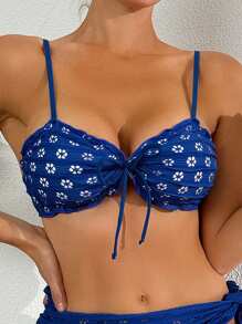 SHEIN Swim Conjunto de bikini con estampado floral separado con tirantes, conjunto de tres piezas para playa de verano para mujer - Marrón - Ver 3