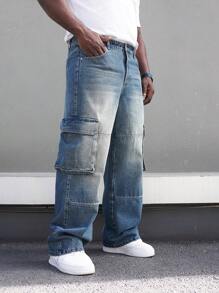 Manfinity Homme Men's Plus Size Cargo Style Pocketed Denim Jeans - Blue - View 1