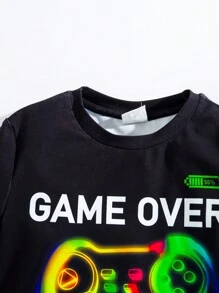 SHEIN 適合青少年男孩穿著的休閒時尚遊戲機印花短袖睡衣套裝,附短褲內衣,織物面料 - 彩色 - 查看 5