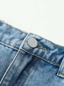 Shorts De Mezclilla Destrozados Para Niñas Adolescentes Con Dobladillo Deshilachado, Detalle De Pedrería Y Destrozado
