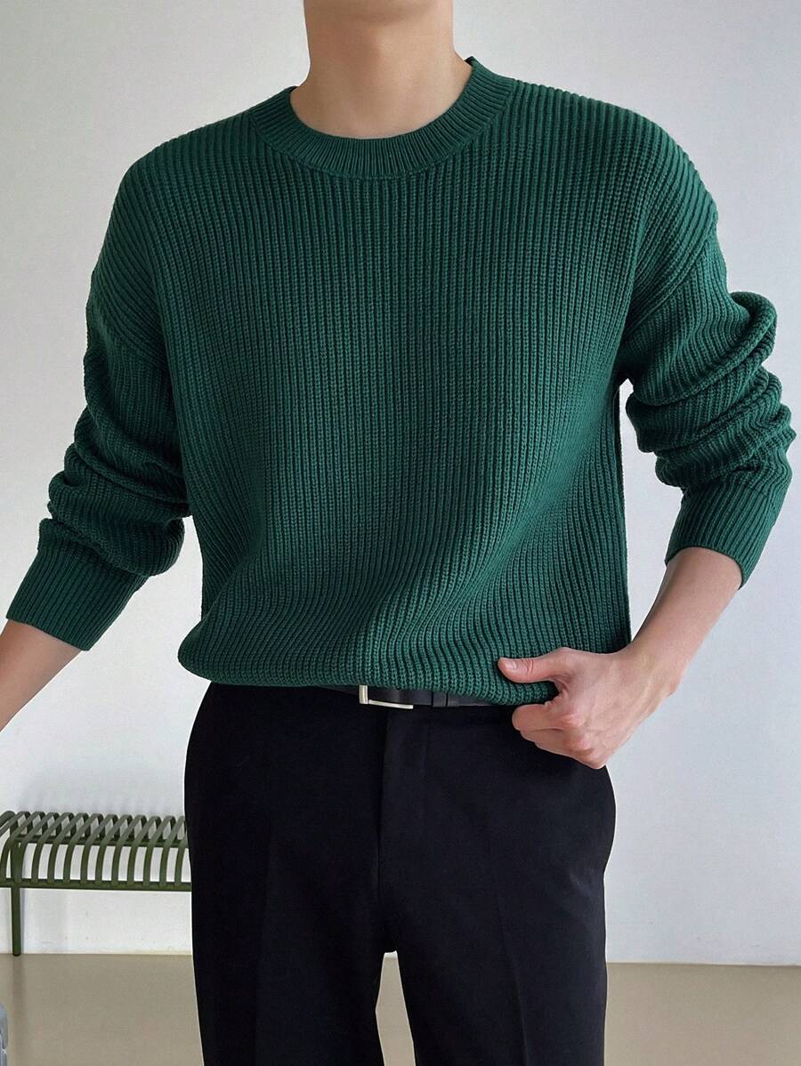 DAZY Suéter De Punto Verde Acanalado De Cuello Redondo Para Hombre - Verde - Ver 1