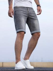 Manfinity Homme Men'S Straight Washed Denim Shorts - Grey - View 6