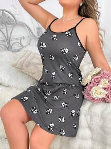 Vestido De Dormir Con Estampado De Panda Y Tirantes Para Tallas Grandes