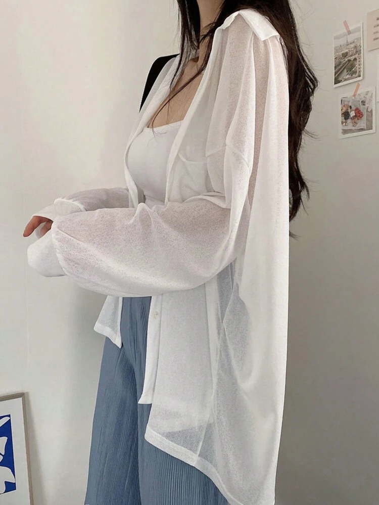 Women's Spring And Summer Casual Solid Color Loose Lapel Shirt Sheer,Fall Women Clothes Long Sleeve Top