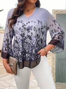 SHEIN LUNE Plus Floral Print Colorblock V-Neck Blouse - Grey - View 6