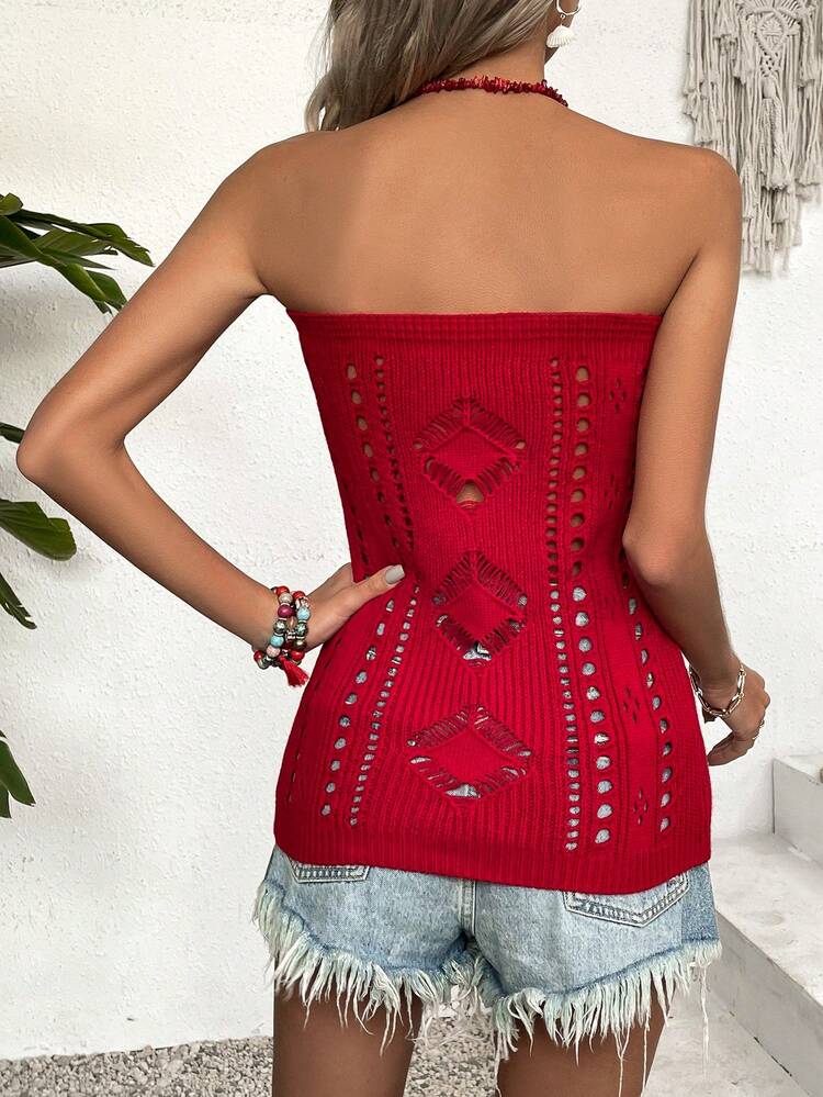 Women's Solid Color Hollow Out Knit Tube Top