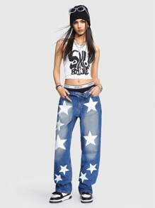 ROMWE MEN ROMWE Avant Men's Straight Leg Jeans With Star Pattern - Blue - View 4