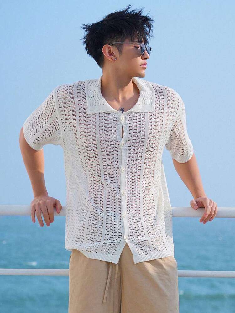 Men's Knitted Hollow Out Short Sleeve Top For Summer