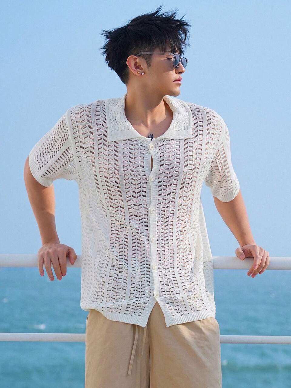 Men's Knitted Hollow Out Short Sleeve Top For Summer Vacation