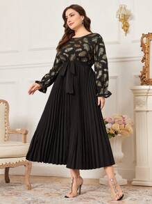 Modelyn Plus Size Women's Feather Pattern Pleated Hem Dress - Multicolor - View 3