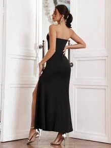 SHEIN Belle Đúng mốt Pha lê Nghệ Embellished Quây Khe Đầm Với Lưới Tương phản , Tuyệt vời Đối với Chính thức Dịp - màu đen - Xem 2