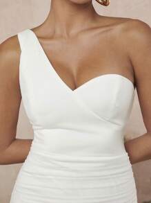 L'Amorae One Shoulder Ruched Sheer Hem Dress - White - View 4