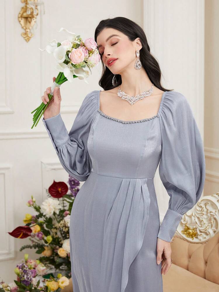 Ladies' Elegant Dress With Button Decorated Cuffs Long Evening Dresses