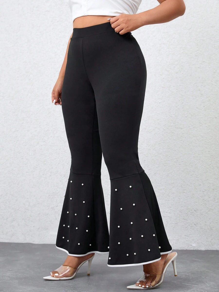SHEIN Privé Kích thước lớn Của phụ nữ Chic Trang trí ngọc trai Màu sắc Quần ống loe Đối với Đi dạo - màu đen - Xem 1