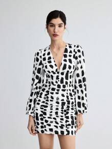 BizChic Của phụ nữ In hoa Đã thu thập Eo Tay áo dài Đầm - Đen và trắng - Xem 9