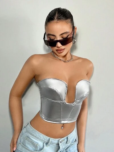 Women's Y2K Silver Solid Color Cropped Tube Top
