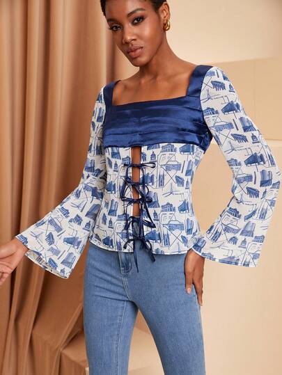 GSS Designer Business Casual Printed Chiffon Mix Satin Long Sleeve Blouse, For Holiday, Vacation, Spring, Beach, Festival, Ibiza Fits, Office