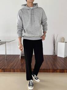 DAZY Men Letter Embroidery Kangaroo Pocket Drawstring Hoodie - Grey - View 5