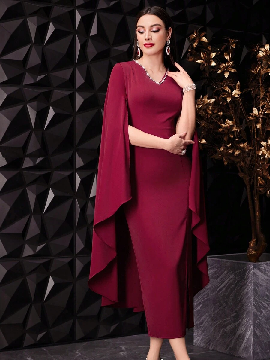 Modelyn Vestido de fiesta de color rojo borgoña con mangas tipo capa, decoración con cristales, estilo simple para mujer - Burdeos - Ver 1