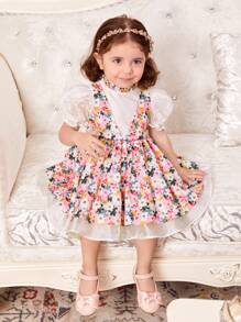 SHEIN Vestido para bebé niña de burbujas de manga corta con tul estampado floral para vacaciones - Rosa - Ver 1