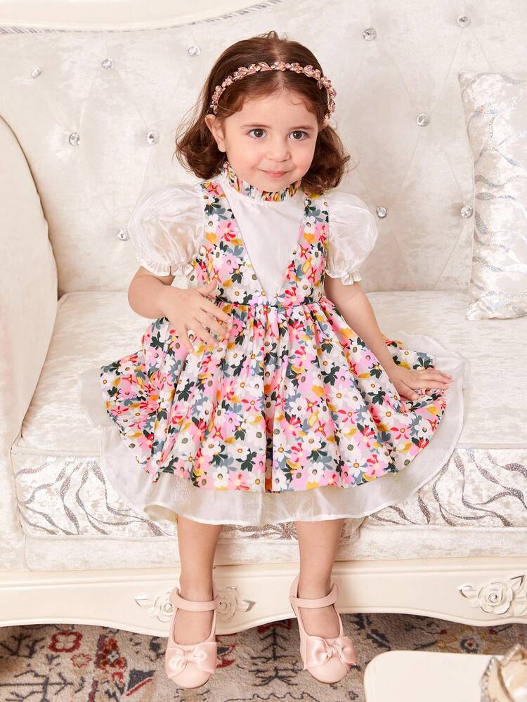 Baby Girl Vacation Bubble Short Sleeve Tulle Floral Printed Dress