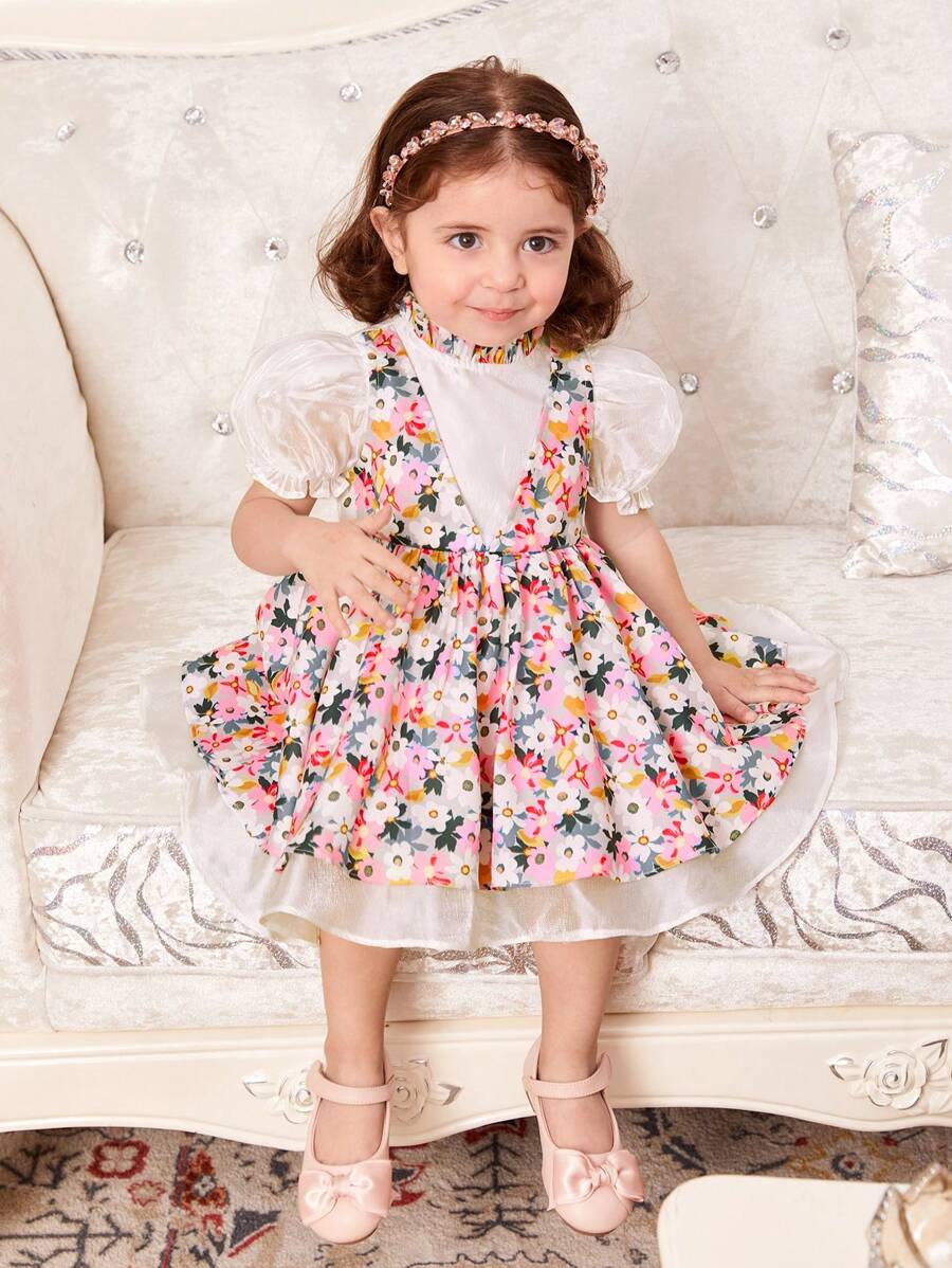 SHEIN Vestido para bebé niña de burbujas de manga corta con tul estampado floral para vacaciones - Rosa - Ver 1