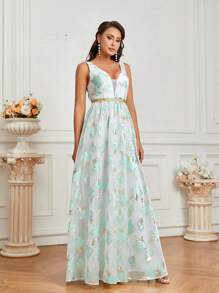 SHEIN Belle Elegant, Romantic, Elegant, Gorgeous And Dignified Women's Green Organza Three-Dimensional Gold Edge Cut V-Neck Gold Ribbon Decoration High Waist A-Shaped Volume Umbrella Hem Backless Holiday Season Graduation Season Prom Formal Evening Dress - Cadet Blue - View 5