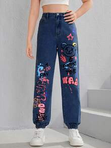 SHEIN Teen Girl Cartoon & Letter Graphic Jogger Jeans - Dark Wash - View 3