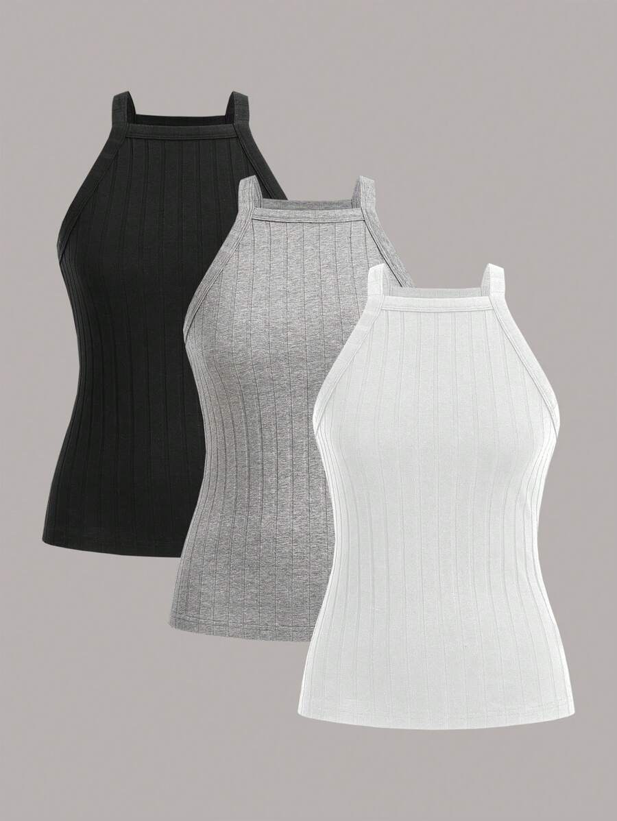 SHEIN EZwear Top A Maglia A Costine Solide Con Collo A Halter - Multicolore - Visualizzare 1