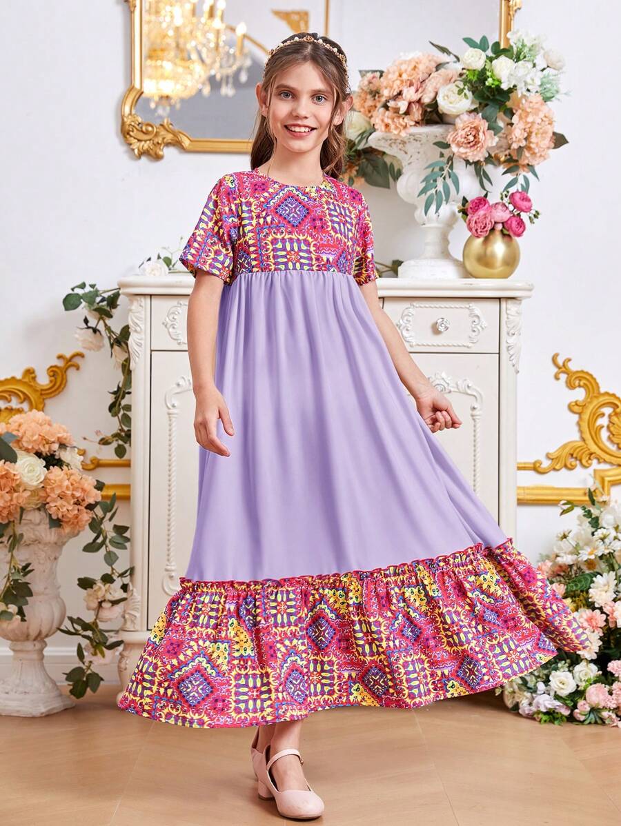 SHEIN Cô gái Lỏng lẻo phù hợp Ngắn tay Kỳ nghỉ Đầm Với In Hình học , Xù Hoa Sen , Và Vá lại Thiết kế - Màu tím hoa cà - Xem 1