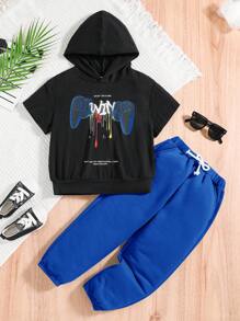SHEIN 年輕男孩休閒鬆身遊戲手柄印花短袖連帽衫和帶束腰運動褲套裝 - 藍色 - 查看 1