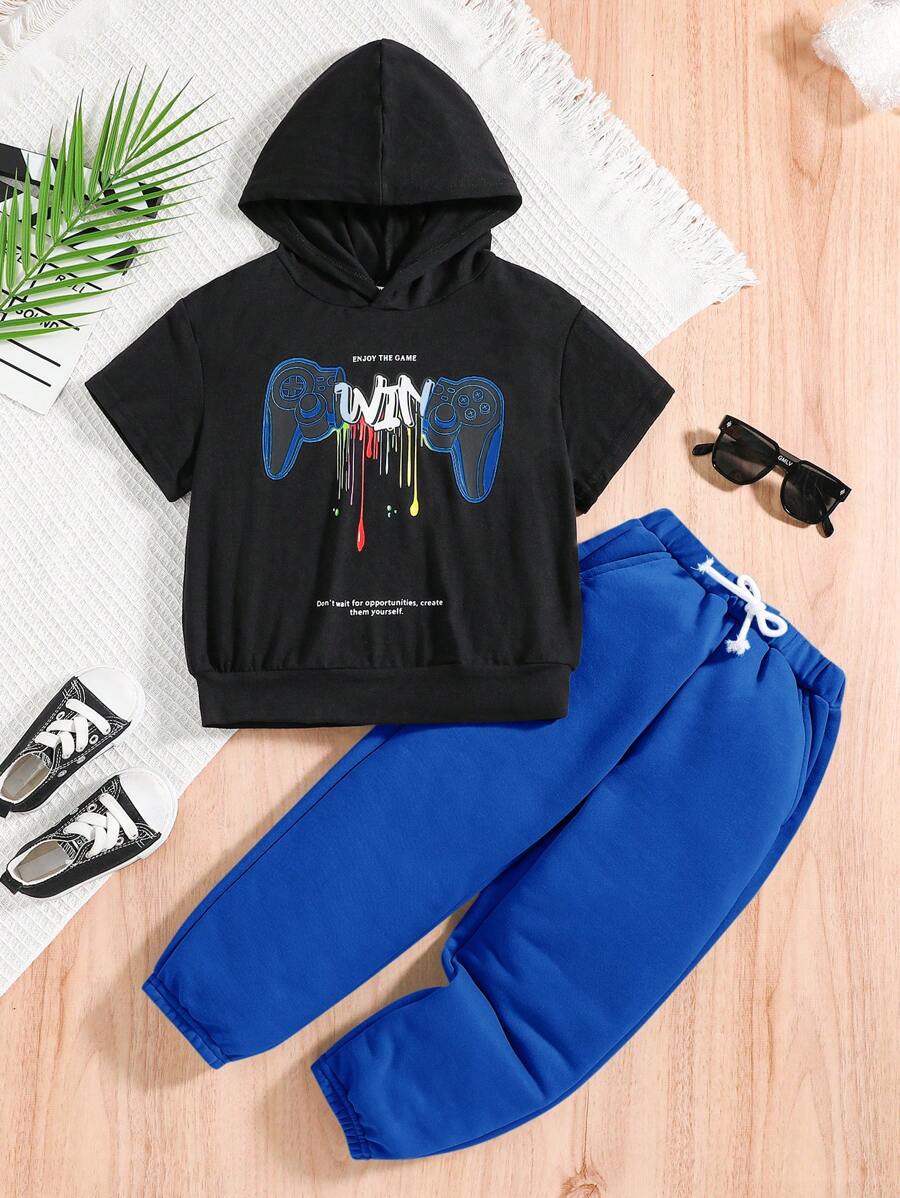 SHEIN 年輕男孩休閒鬆身遊戲手柄印花短袖連帽衫和帶束腰運動褲套裝 - 藍色 - 查看 1