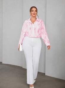 SHEIN Essnce 大尺碼女士印花縮絨長袖襯衫 - 粉色 - 查看 6