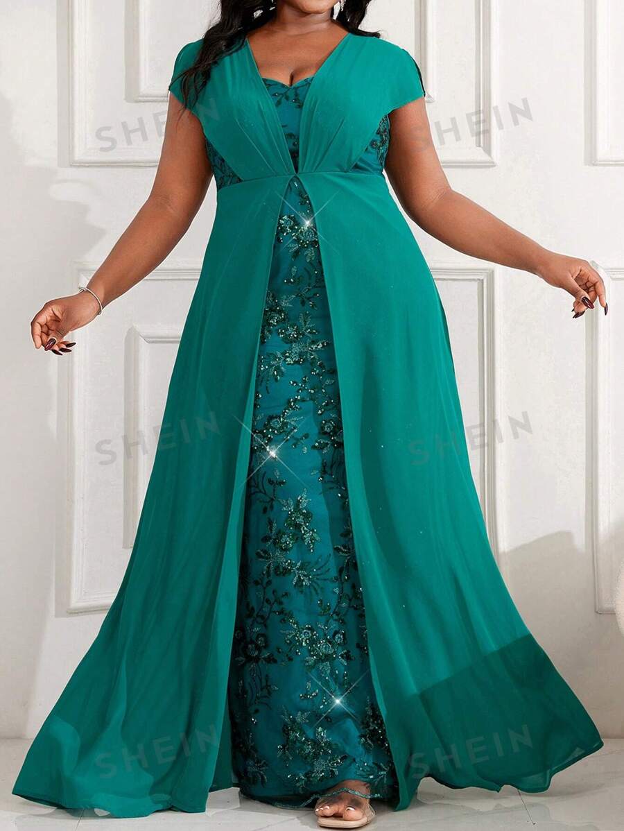SHEIN SHEIN Belle Saint Patrick Day Greener Plus Size Beaded Embroidery plus-size-ombre-midi-print-cold-shoulder-strapless-sleeve-long-dress