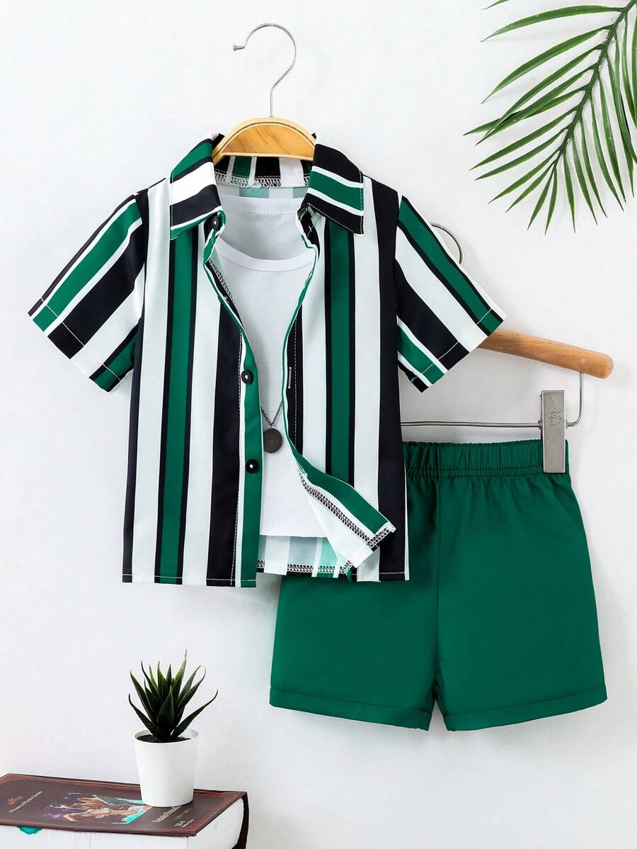 Baby Boy Striped Collared Single-Breasted Short-Sleeved Shirt And Shorts Set - Green - View 1