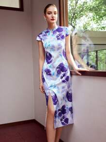 MOTF PREMIUM In hoa Vòng cổ Mandarin Tách đùi Đầm - Nhiều màu - Xem 6