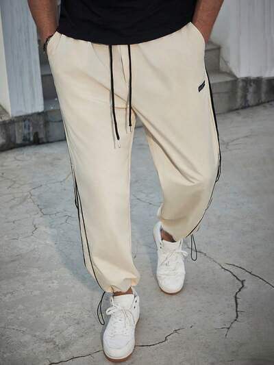 Men's Plus Size Color Blocking Drawstring Waist Pants With Decorative Stitching