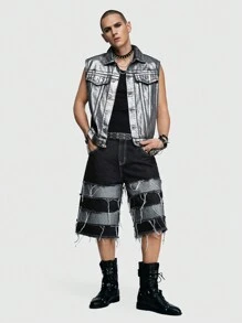 ROMWE MEN Grunge Punk Nam Màu bạc Phản chiếu Cowboy Áo vest - Bạc - Xem 2